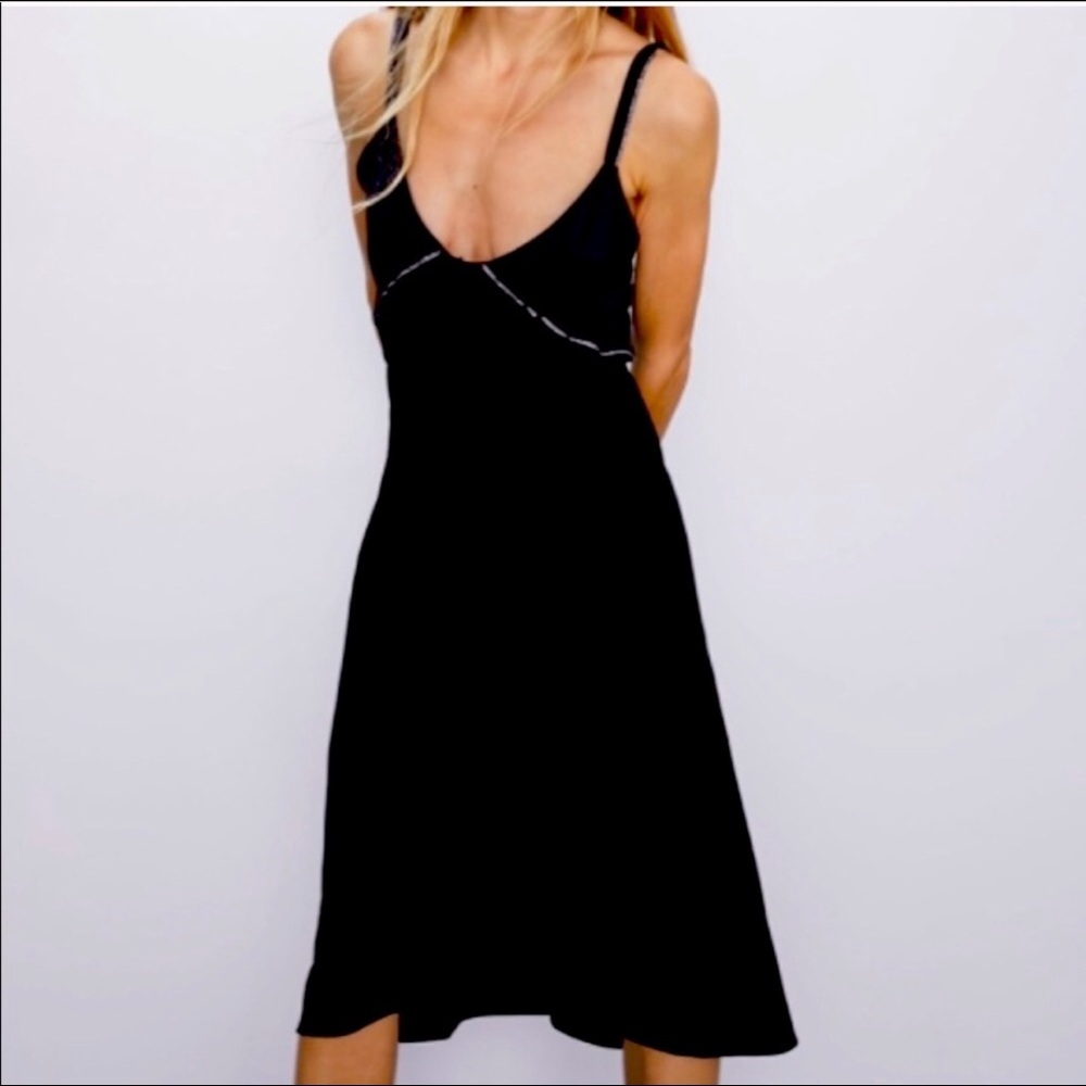 New Zara Black Strap Slip Dress With Silver Detail